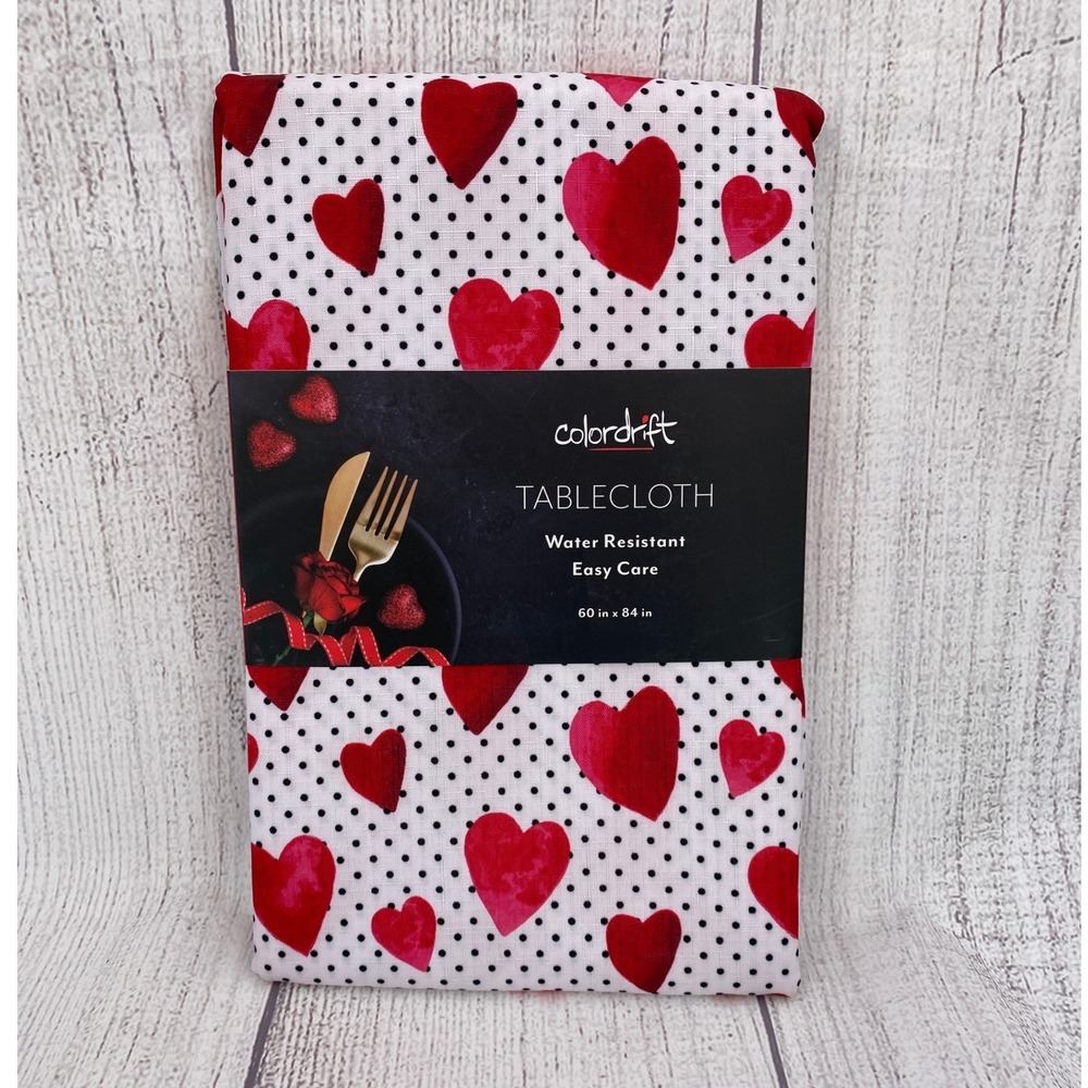 Colordrift Tablecloth 60x84 White Red Hearts Polka Dot Water Resistant Outdoor